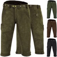 Front- und Rückansicht von Jagdhosen aus 100 % Leder in Jagdgrün. Ausgestattet mit Gürtelschlaufen, Seitentaschen, spezieller Messertasche, verstellbaren Knieschnallen und hinteren Taschen mit Knopfverschluss.