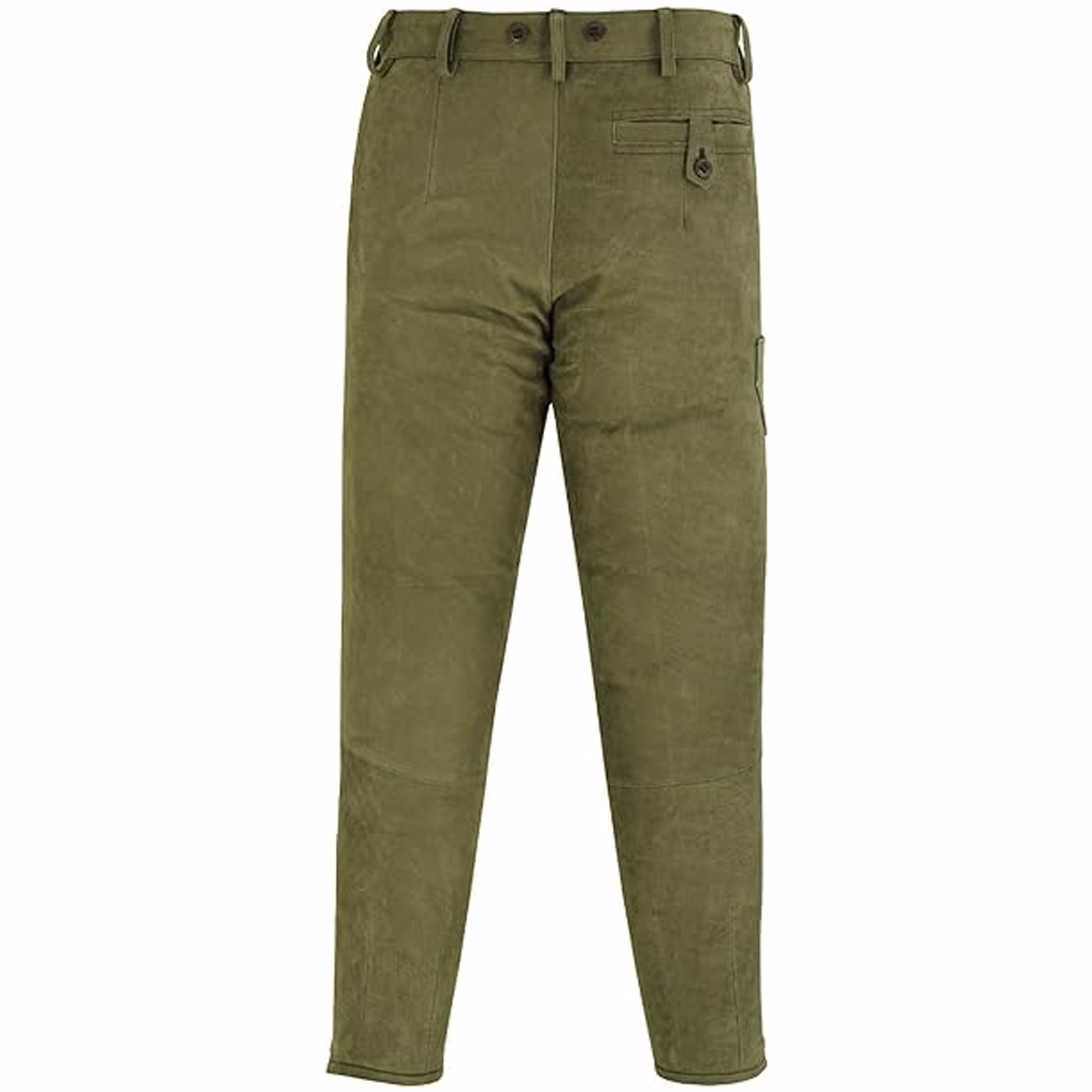Back view of Traditional Hunting Nubuck Hunting Green Leather Pant showing secure button pocket decorative detail and rugged leather finish built for long lasting wear with traditional German style buy online now