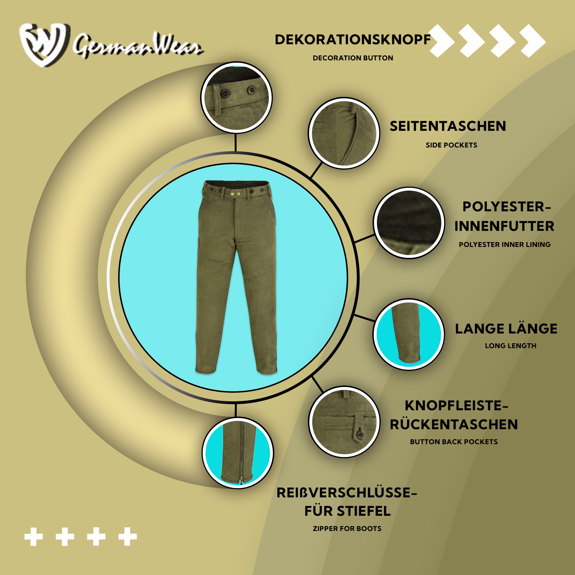 Features Show of Traditional Hunting Nubuck Hunting Green Leather Pant highlighting belt loops leg zippers decorative buttons and multiple functional pockets delivering outdoor performance and style get now