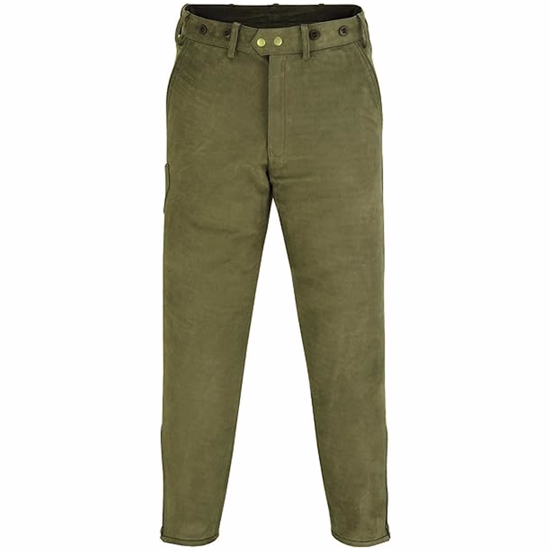 Traditional Hunting Nubuck Leather Pant Front and Back view of Traditional Hunting Nubuck Hunting Green Leather Pant crafted from durable buffalo leather with traditional German cut belt loops side pockets and boot zipper ideal for outdoor hunting get online now