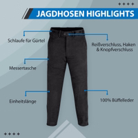 Die traditionelle Jagdhose aus schwarzem Nubuk-Leder, gefertigt aus hochwertigem Büffelleder, mit Gürtelösen, Seitentaschen und Stiefelreißverschluss – bietet zuverlässige Robustheit und stilvolles Design für Jagd und Wandern. Jetzt kaufen!