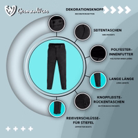 Features der traditionellen Jagdhose aus schwarzem Nubuk-Leder: dekorative Knöpfe, Gürtelösen, Frontverschluss und funktionale Taschen – entwickelt für langlebige Leistung in anspruchsvollem Gelände. Jetzt sichern!