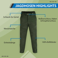 Traditionelle Jagd-Nubuklederhose Vorderansicht der Jagdhose in Dunkelbraun aus robustem Nubuk-Leder mit Messerfach, Gürtelösen und feinen Details – langlebig und komfortabel für Outdoor-Einsätze. Heute bestellen!