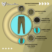 Vorderansicht der Jagdhose in Dunkelgrün aus robustem Büffelleder mit Gürtelösen, Messerfach und feinem Finish – ideal für Wandern und Jagen in rauem Gelände. Heute bestellen!
