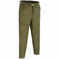 Traditionelle Jagd-Nubuklederhose Rückansicht der Jagdhose in Dunkelgrün mit Nubuk-Leder, Knopf-Tasche und Stiefelreißverschluss – langlebig und traditionell im deutschen Stil für Outdoor-Aktivitäten. Jetzt kaufen!