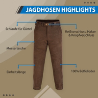 Traditionelle Jagd-Nubuklederhose Vorderansicht der Jagdhose in Schwarz aus robustem Nubuk-Leder mit Messerfach und sicheren Verschlüssen – Komfort und Funktionalität für Jäger und Wanderer. Heute bestellen!