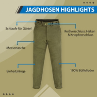 Traditionelle Jagd-Nubuklederhose Seitenansicht der Jagdhose in Jagdgrün aus Premium-Nubuk-Leder mit Stiefelreißverschluss und langer Passform – Komfort, Langlebigkeit und klassischer Jagdstil. Heute bestellen!