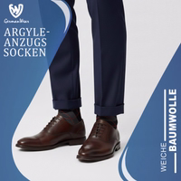 6er-Pack Argyle-Baumwollsocken – klassisches Rautenmuster, Business- und Freizeitsocken, Schwarz Verpackung mit schwarz Business-Anzugsocken im Argyle-Muster, deutscher Text auf der Vorderseite sichtbar