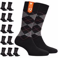 12er-Pack Argyle-Baumwollsocken – klassisches Rautenmuster, Business- und Freizeitsocken, Schwarz 12-Paar schwarz Business-Anzugsocken mit Argyle-Muster in Verpackung gestapelt