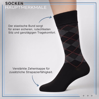 12er-Pack Argyle-Baumwollsocken – klassisches Rautenmuster, Business- und Freizeitsocken, Schwarz Nahaufnahme einer schwarz Business-Socke mit Argyle-Muster, Bündchen und Zehenbereich sichtbar