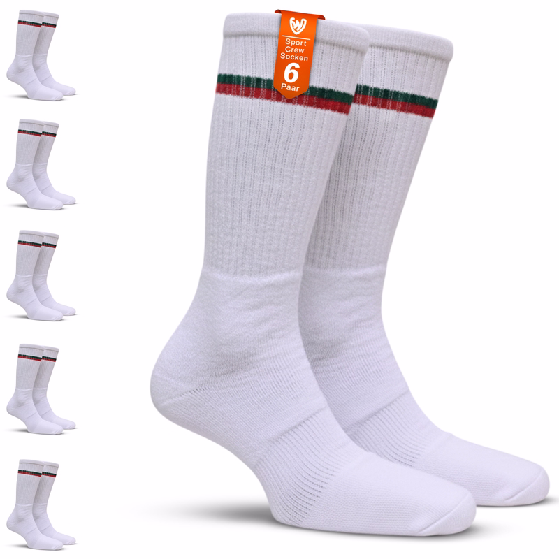 6er-Pack Sportsocken mit hohem Schaft, weiße Baumwollsocken für Laufen Verpackung mit 6 paar sport crew socken aus baumwolle, gepolstertes design für sportlichen einsatz
