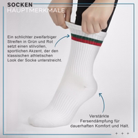 6er-Pack Sportsocken mit hohem Schaft, weiße Baumwollsocken für Laufen Sport crew socken mit zweifarbigen grün-roten streifen, verstärkter ferse und sportlichem look