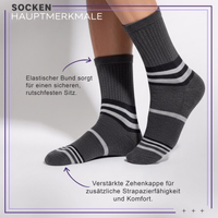6er-Pack dünne Sportsocken aus Baumwolle in Charcoal– ideal für Laufen, Fitness und den Alltag Sportsocke flach liegend, Bündchen und Zehenbereich sichtbar, deutscher Text auf Socke sichtbar