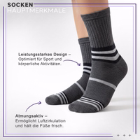 6er-Pack dünne Sportsocken aus Baumwolle in Charcoal– ideal für Laufen, Fitness und den Alltag Sportsocke flach liegend, Materialstruktur sichtbar, deutscher Text im Hintergrund sichtbar