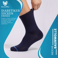 3 Paar blaue Diabetikersocken, weiche Komfortsocken Nahaufnahme einer Diabetikersocke, Socke flach liegend, deutscher Text auf der Socke sichtbar