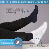 6 Paar blaue Diabetikersocken, weiche Komfortsocken Verpackung mit Diabetikersocken, mehrere Socken gestapelt, deutscher Text sichtbar