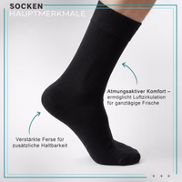 12-Paar schwarze Business-Socken Nahaufnahme einer schwarzen Business-Formalsocke, Bündchen und Zehenbereich sichtbar, Text sichtbar