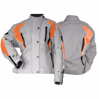 Ladies Cordura Textile Jackets, Motorcycle jacket Women's Cordura motorcycle jacket in Grey/Orange color front &rear views, equipped with arms, elbow, shoulders, &back protectors it also features two sewn-in pockets in the front closed by a hidden zipper