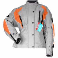 Ladies Cordura Textile Jackets, Motorcycle jacket Women's motorcycle jacket in Grey/Orange color front view design, This Jacket is closed down at the end of the zipper & buttons, it is equipped with numerous protectors,& Removable inner lining along with a stand-up collar