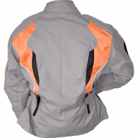 Ladies Cordura Textile Jackets, Motorcycle jacket Women's motorcycle jacket in Grey/Orange showcases its rare view design, equipped with arm, shoulder, elbow, &back protectors, featuring windproof properties &reflective stripes. Additionally, it boasts a chest pocket.