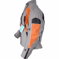 Ladies Cordura Textile Jackets, Motorcycle jacket Women's motorcycle jacket in Grey/Orange showcasing its arm view design equipped with arms, shoulders, elbow, and back protectors. The cuffs are outfitted with zipper & 2 sewn-in pockets in the front: closed by a hidden zipper