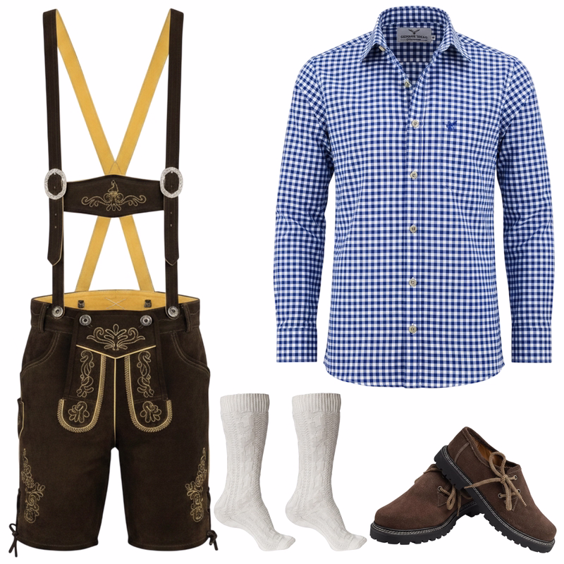 5 Teilig Herren Trachten set Hose + Blau Hemd + Schuhe + Socken + Hosenträger
