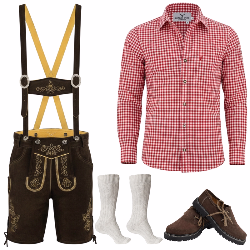 5 Teilig Herren Trachten set Hose + Rot Hemd + Schuhe + Socken + Hosenträger