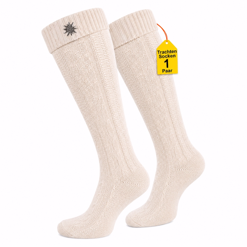 Trachtensocken Trachtenstrümpfe Zopfmuster mit Edelweiß Pin 40cm