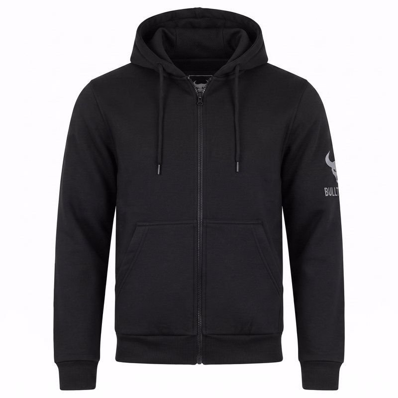 Black Motorcycle Hoodie with 4CE Protectors Black hooded sweatshirt with a full-length zipper, adjustable drawstrings on the hood, two front pockets, and ribbed cuffs, shown from the front against a white background, with the BULLDT logo visible on the sleeve