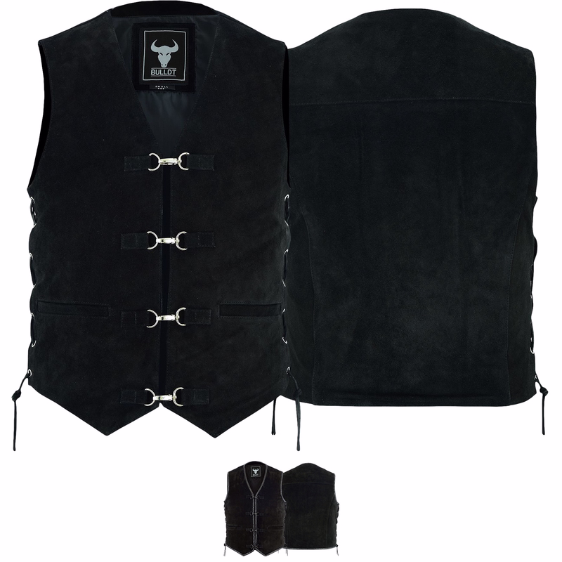 BULLDT Motorrad Wildlederweste schwarze Bikerweste aus echtem Wildleder robust langlebig und bequem das perfekte Accessoire für Motorradfahrer Veredle deinen Biker Stil mit der klassischen schwarzen Wildlederweste in Vorder und Rückansicht Aus echtem Wildleder gefertigt bietet sie Langlebigkeit und Weichheit Mit verstellbaren Seitenschnüren und mehreren Taschen ein Must have für jeden Fahrer Hol