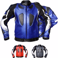 Motorcycle combination jacket, with quilted inner lining, showcases front and rear views in dark blue. Equipped with protectors, it boasts 2 front pockets with hidden zips. Complete with zipper and Velcro closure, available in two additional colors.