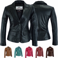 Ladies Lamb Nappa Black Leather Blazer. Made from finest lamb nappa leather, offers unmatched comfort &style. Available in caramel, pink & red, the jacket features a front button closure and practical pockets for everyday wear. Free next-day delivery