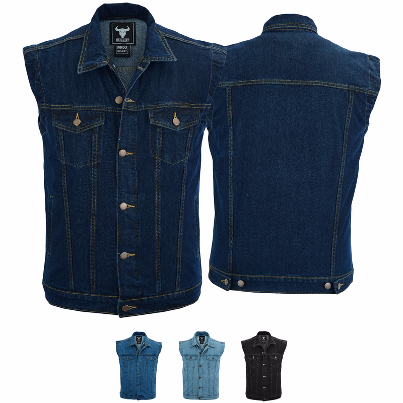 Jeans Vest Motorcyle Denim Front &rear view of dark blue Denim Motorcycle Vest. Made from 100% cotton denim, it's durable &stylish. Featuring button &zip closure, ample pockets,& a sleek Kent collar. A must-have for bikers, exclusively from German Wear. Purchase today