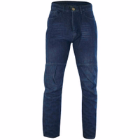 Front view of blue denim pant. Unleash your potential on the road with our Motorcycle Pants, featuring aramid fiber lining and removable protectors. Engineered for durability and comfort. Place your order today