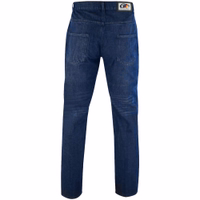 Rear view of motorcycle blue denim pants. Embrace safety and style with Motorbike Jeans, equipped with textile material doubling and aramid inserts. Designed for maximum comfort and versatility. Offer zipper closure and premium denim material