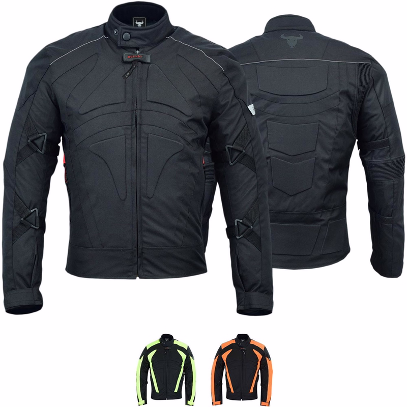 Cordura-Textil-Motorradjacke, kurz Herren-Motorradjacke in Schwarz, Vorder- und Rückansicht. Gefertigt aus Cordura-Polyester 600D und wasserabweisendem Nylon, mit Reißverschluss- und Klettverschlüssen. Ausgestattet mit Protektoren für Arme, Schultern und Rücken.