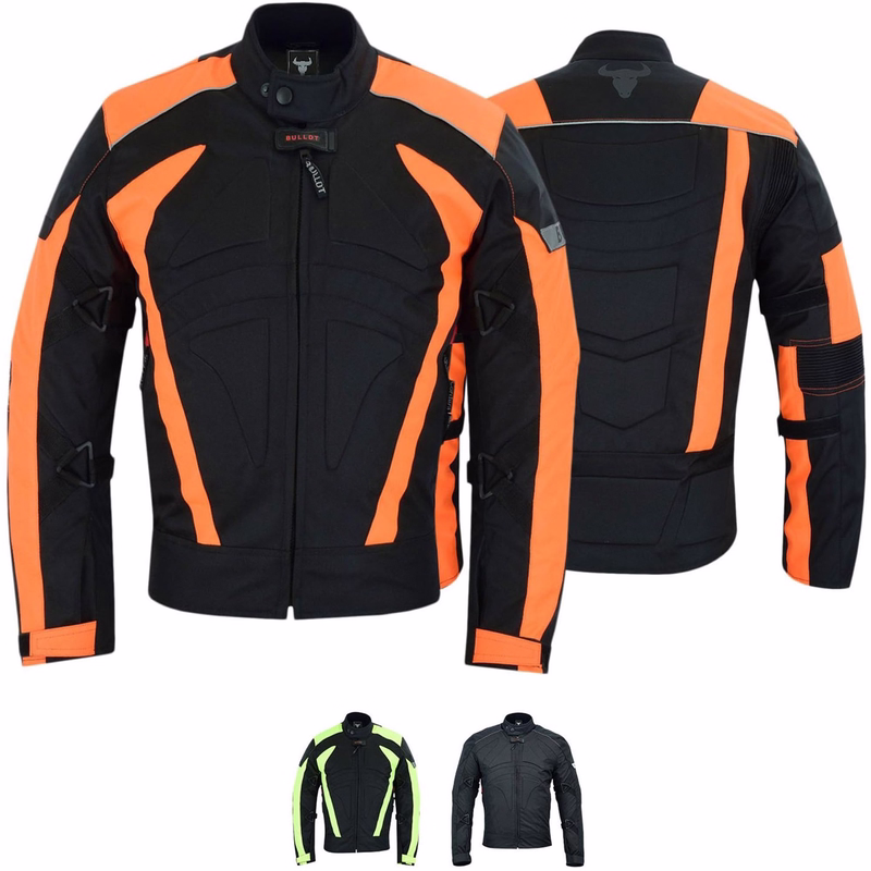 Cordura-Textil-Motorradjacke, kurz Herren-Motorradjacke in Schwarz, Vorder- und Rückansicht. Gefertigt aus Cordura-Polyester 600D und wasserabweisendem Nylon, mit Reißverschluss- und Klettverschlüssen. Ausgestattet mit Protektoren für Arme, Schultern und Rücken.