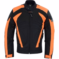Herren-Motorradjacke in Orange, Vorderansicht. Gefertigt aus Cordura-Polyester 600D und wasserabweisendem Nylon, mit Reißverschluss- und Klettverschlüssen. Ausgestattet mit Protektoren an Armen, Schultern und Rücken.