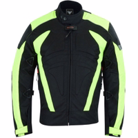 Men's motorcycle jacket in green color front view design, made of Cordura polyester 600D & Water-repellent nylon, complete with zipper &velcro closures. Jacket is equipped with arms, shoulders, and back protectors
