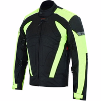 Men's motorcycle jacket in green color, seen from the side, crafted from polyester fabric. It features 3 pockets, including 2 front pockets, &a windproof, removable inner lining with one inner pocket. Additionally, it is equipped with numerous protectors