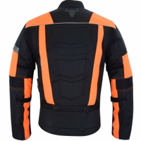 Textile Motorrad-Shortjacke in Orange, Rückansicht. Ausgestattet mit Protektoren an Armen, Schultern und Rücken. Ärmel mit Klettverschluss für einfache Nutzung mit Handschuhen. Per Reißverschluss mit Hose kombinierbar für vollständige Motorradausrüstung.