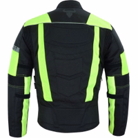 Textile motorcycle short jacket in green color viewed from the rear side with arm, shoulder, and back protectors. Sleeves open with Velcro for glove use. Converts to trousers via a zipper for complete motorcycle gear