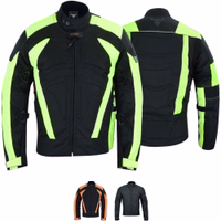 Men's motorcycle jacket in green color front and rear view design, made of Cordura polyester 600D & Water-repellent nylon, complete with zipper &velcro closures. Jacket is equipped with arms, shoulders, and back protectors