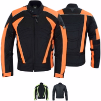 Herren-Motorradjacke in Orange, Vorder- und Rückansicht. Gefertigt aus Cordura-Polyester 600D und wasserabweisendem Nylon, mit Reißverschluss- und Klettverschlüssen. Ausgestattet mit Protektoren für Arme, Schultern und Rücken.