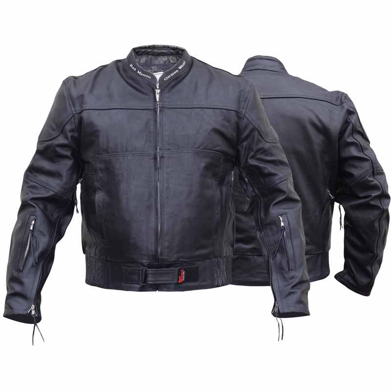 German Wear Motorcycle Cruiser Jacket in Black Men's motorcycle cruiser jacket in black, showcasing both front & rear views. This jacket is secured at the front with a full-length zipper, crafted meticulously from cowhide leather