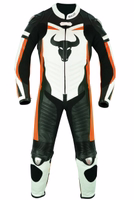 Men’s Motorcycle Suit by BULLDT Front view of BULLDT orange calfskin motorcycle racing suit. Tailored one-piece with breathable design, shins and forearm protectors, metal reinforcements, and removable knee sliders.