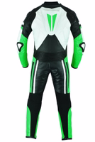 Men’s Motorcycle Suit by BULLDT Back view of BULLDT green leather motorbike suit. Features protective back hump, reinforced shoulders and elbows, ribbed stretch panels, and zippered pant legs for boots. Made-to-measure comfort.