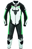 Men’s Motorcycle Suit by BULLDT Front view of BULLDT custom green leather motorcycle suit. One-piece, tailored fit with back hump, breathable calfskin, windproof design, protectors, and knee sliders for safety and style.