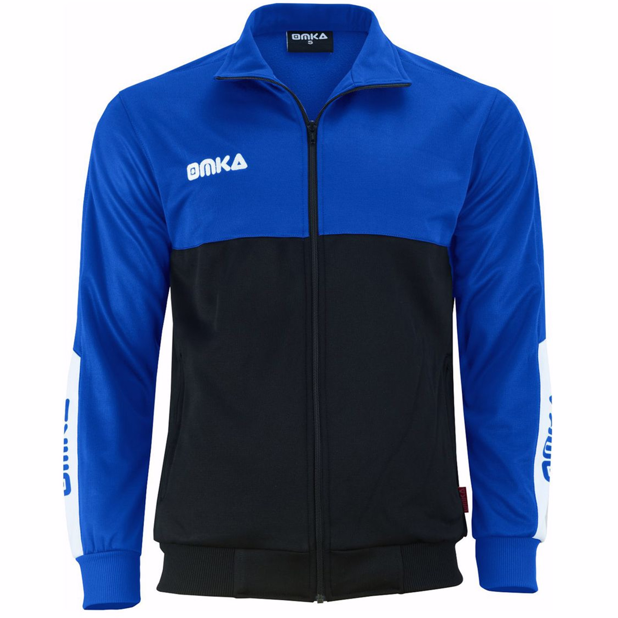 Front view of OMKA Men’s Sport Blue Jacket featuring polo neck and sweat absorbing fleece lining, lightweight breathable construction for training or leisure style, shop OMKA tracksuit online today