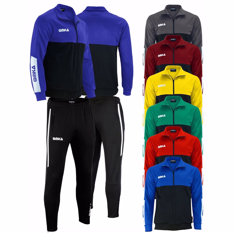 OMKA Herren-Sport-Trainingsanzug Vorder und Rückansicht des OMKA Herren Sport Grau Trainingsanzugs aus atmungsaktivem Mikropolyester mit Fleecefutter und verstellbarem Bund, perfekt für Fußball, Fitness und Freizeit, jetzt online kaufen